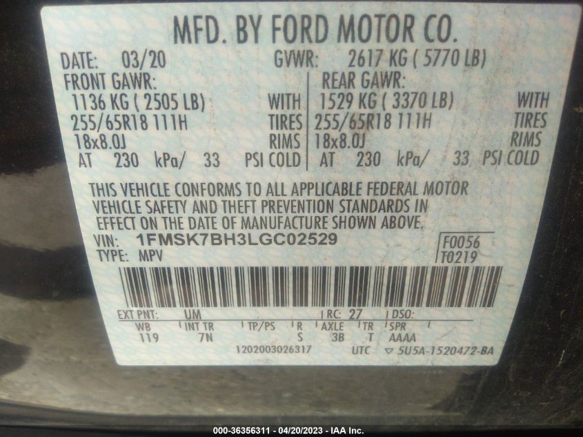 2020 FORD EXPLORER BASE - 1FMSK7BH3LGC02529