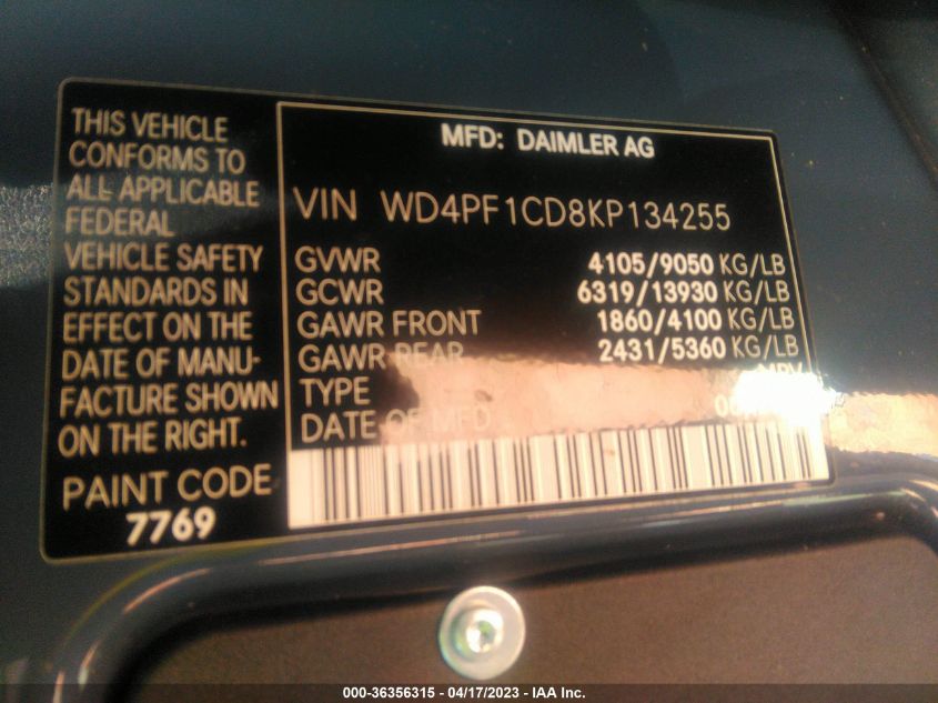 2019 MERCEDES-BENZ SPRINTER VAN WD4PF1CD8KP134255