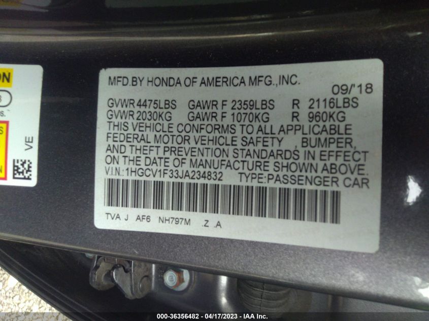 2018 HONDA ACCORD SEDAN SPORT 1.5T - 1HGCV1F33JA234832