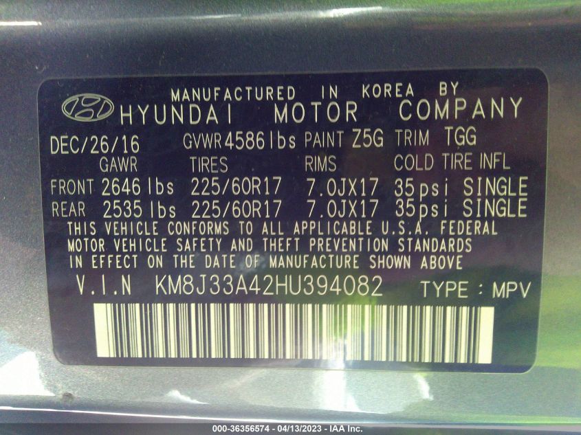 2017 HYUNDAI TUCSON SE - KM8J33A42HU394082