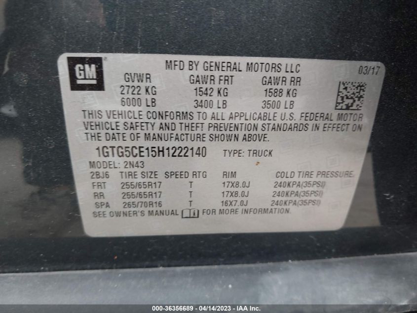 2017 GMC CANYON 2WD SLE - 1GTG5CE15H1222140
