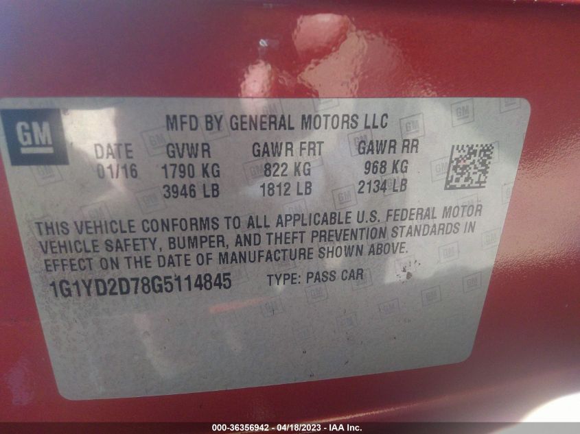 2016 CHEVROLET CORVETTE 2LT - 1G1YD2D78G5114845