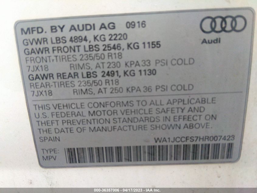 2017 AUDI Q3 PREMIUM PLUS - WA1JCCFS7HR007423