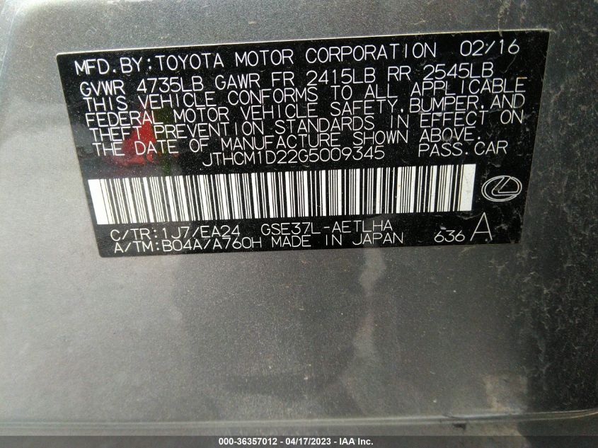 2016 LEXUS IS 300 - JTHCM1D22G5009345