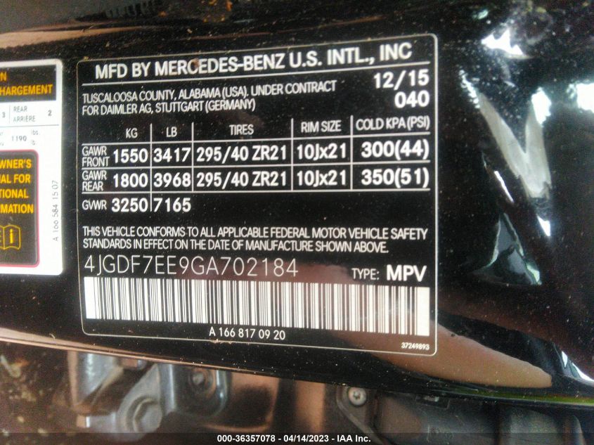2016 MERCEDES-BENZ GL AMG GL 63 4JGDF7EE9GA702184