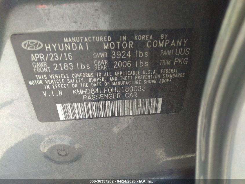 2017 HYUNDAI ELANTRA SE - KMHD84LF0HU180033