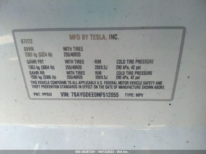 2022 TESLA MODEL Y LONG RANGE - 7SAYGDEE0NF512055