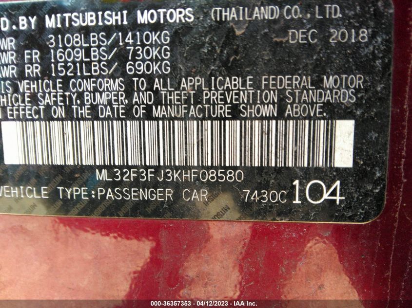 2019 MITSUBISHI MIRAGE G4 ES/RF - ML32F3FJ3KHF08580