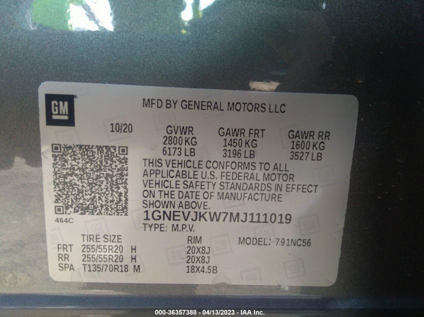 2021 CHEVROLET TRAVERSE RS - 1GNEVJKW7MJ111019