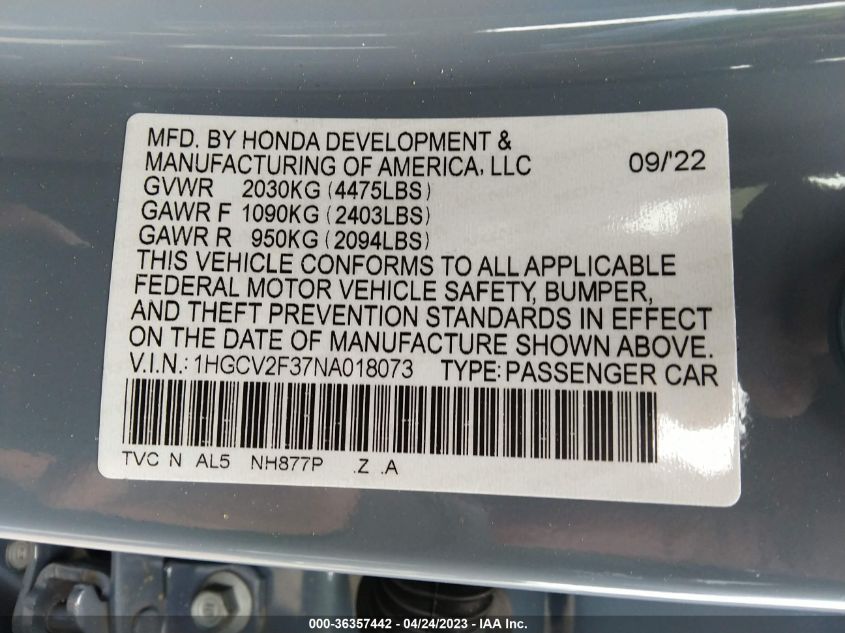 2022 HONDA ACCORD SEDAN SPORT - 1HGCV2F37NA018073