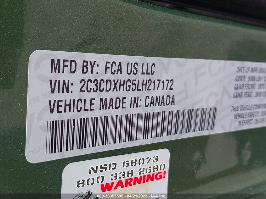 VIN 2C3CDXHG5LH217172 2020 DODGE CHARGER GT