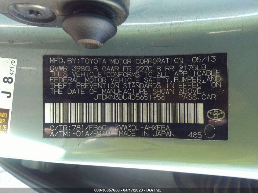 2013 TOYOTA PRIUS ONE/TWO/THREE/FOUR/FIVE - JTDKN3DU4D5651956