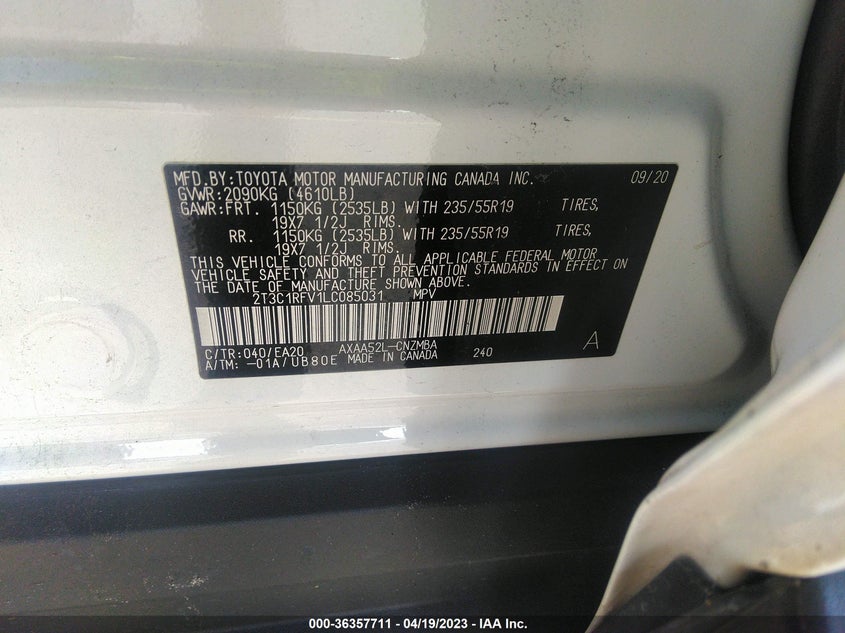 VIN 2T3C1RFV1LC085031 2020 TOYOTA RAV4 XLE PREMIUM