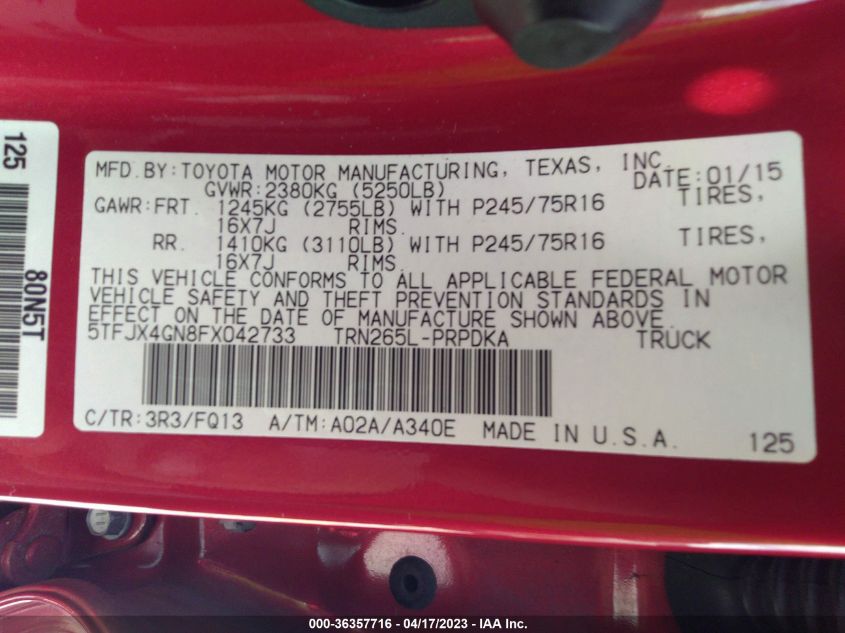 2015 TOYOTA TACOMA PRERUNNER - 5TFJX4GN8FX042733