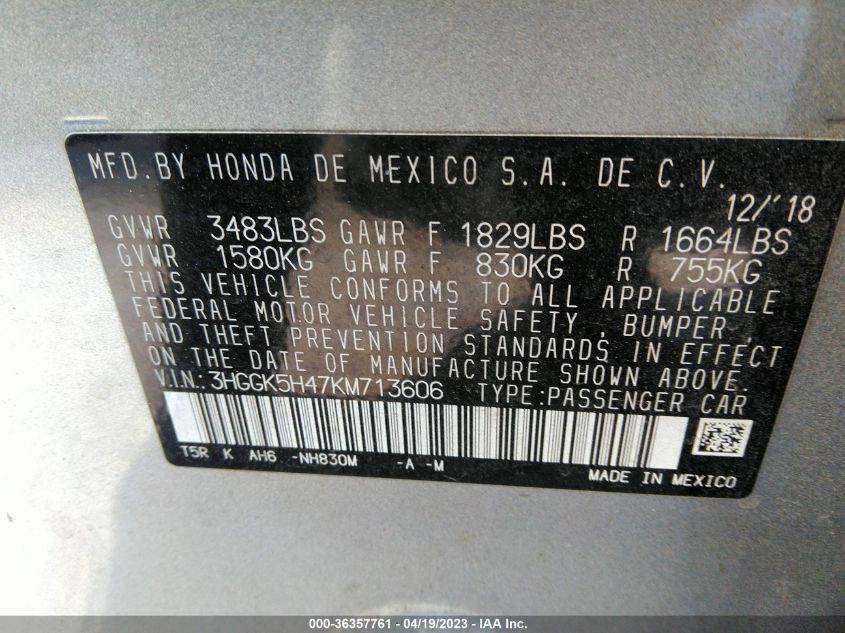 2019 HONDA FIT LX - 3HGGK5H47KM713606