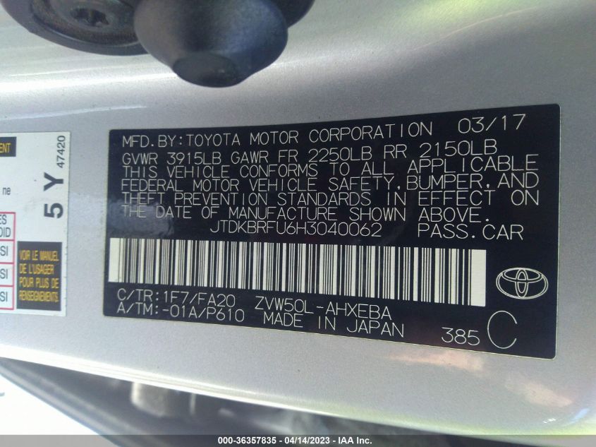2017 TOYOTA PRIUS TWO/TWO ECO/THREE - JTDKBRFU6H3040062