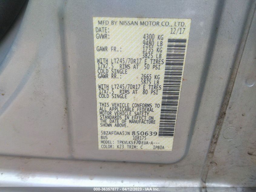 2018 NISSAN NV PASSENGER NV3500 HD SL 5BZAF0AA5JN850639