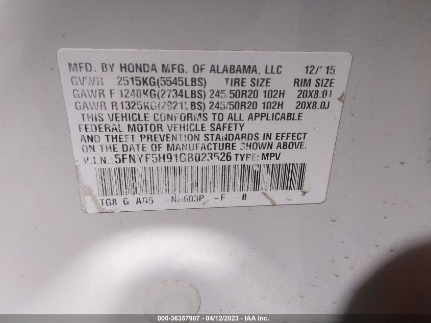 2016 HONDA PILOT TOURING - 5FNYF5H91GB023526