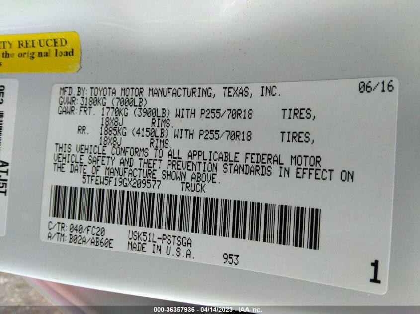 2016 TOYOTA TUNDRA 2WD TRUCK SR5 5TFEW5F19GX209577