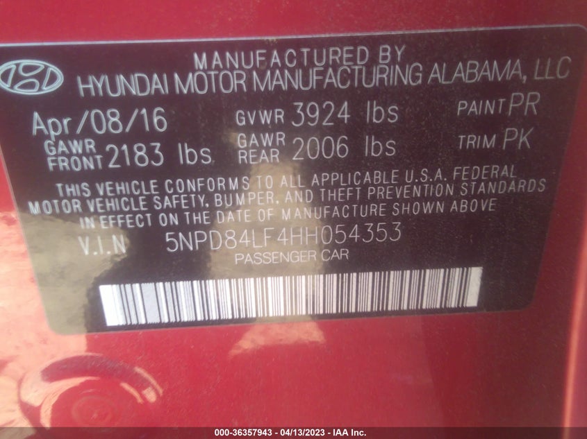 VIN 5NPD84LF4HH054353 2017 HYUNDAI ELANTRA LIMITED