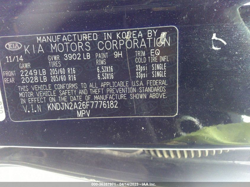 2015 KIA SOUL BASE - KNDJN2A26F7776182