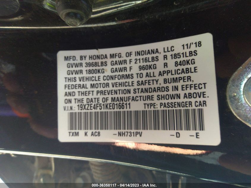 2019 HONDA INSIGHT EX - 19XZE4F51KE016611
