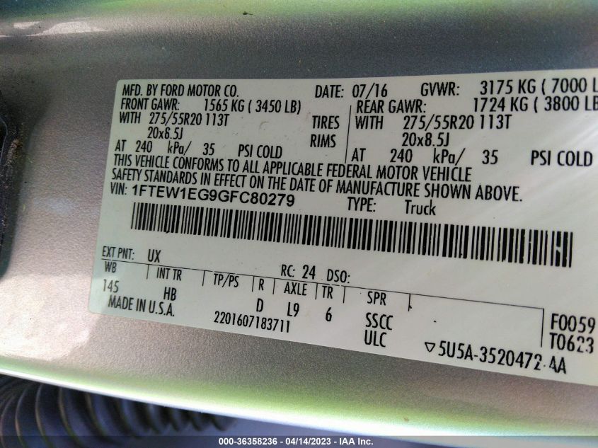 2016 FORD F-150 XLT/XL/LARIAT/PLATINUM - 1FTEW1EG9GFC80279