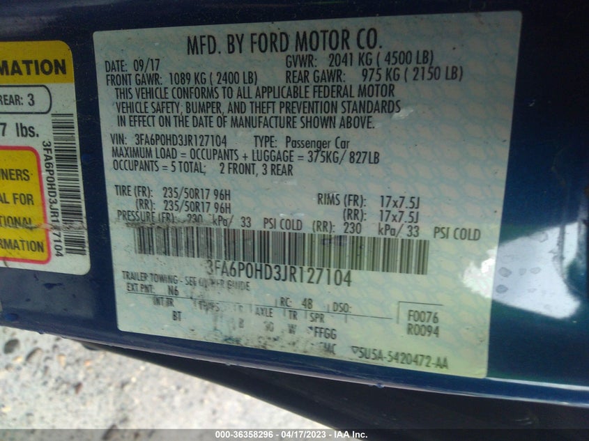 VIN 3FA6P0HD3JR127104 2018 FORD FUSION SE