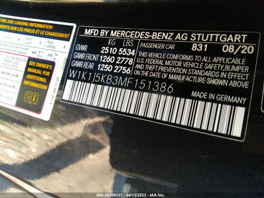 2021 MERCEDES-BENZ E-CLASS E 450 - W1K1J5KB3MF151386