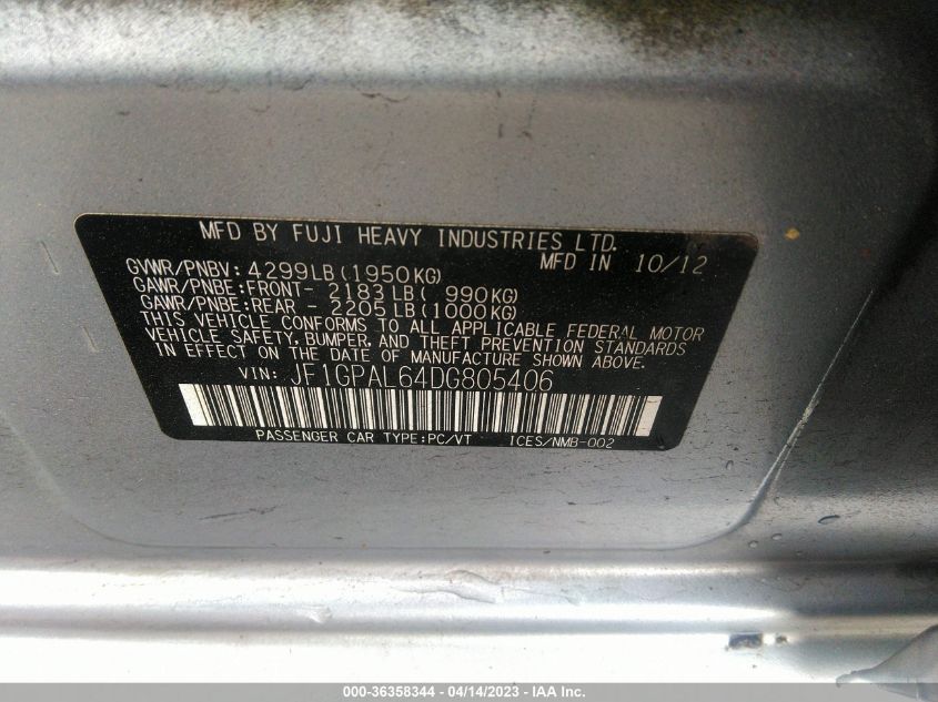 2013 SUBARU IMPREZA WAGON 2.0I SPORT PREMIUM - JF1GPAL64DG805406