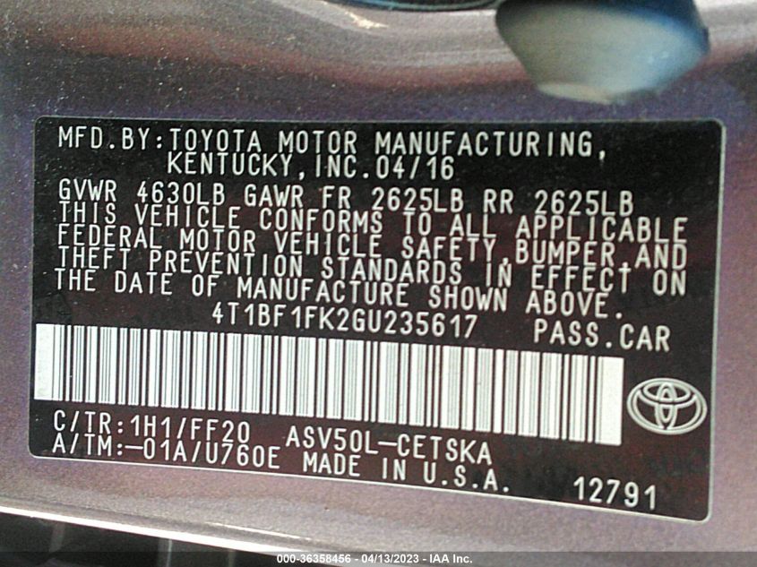 2016 TOYOTA CAMRY XLE/SE/LE/XSE - 4T1BF1FK2GU235617