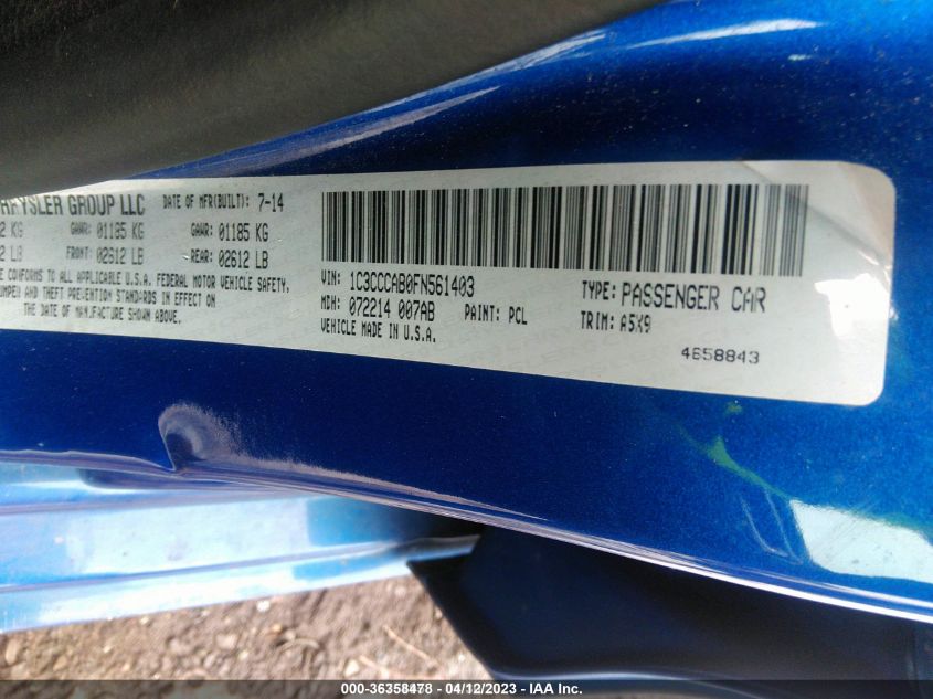 2015 CHRYSLER 200 LIMITED - 1C3CCCAB0FN561403