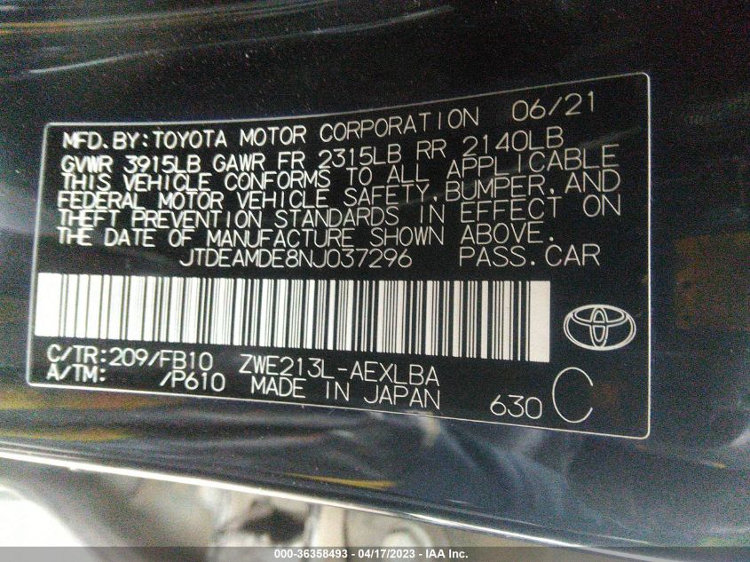 2022 TOYOTA COROLLA HYBRID LE - JTDEAMDE8NJ037296