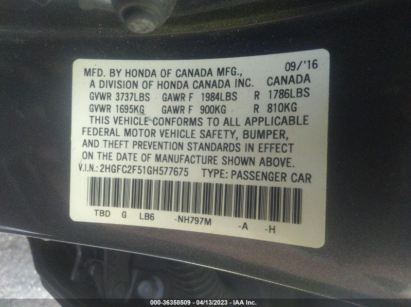 2016 HONDA CIVIC SEDAN LX - 2HGFC2F51GH577675