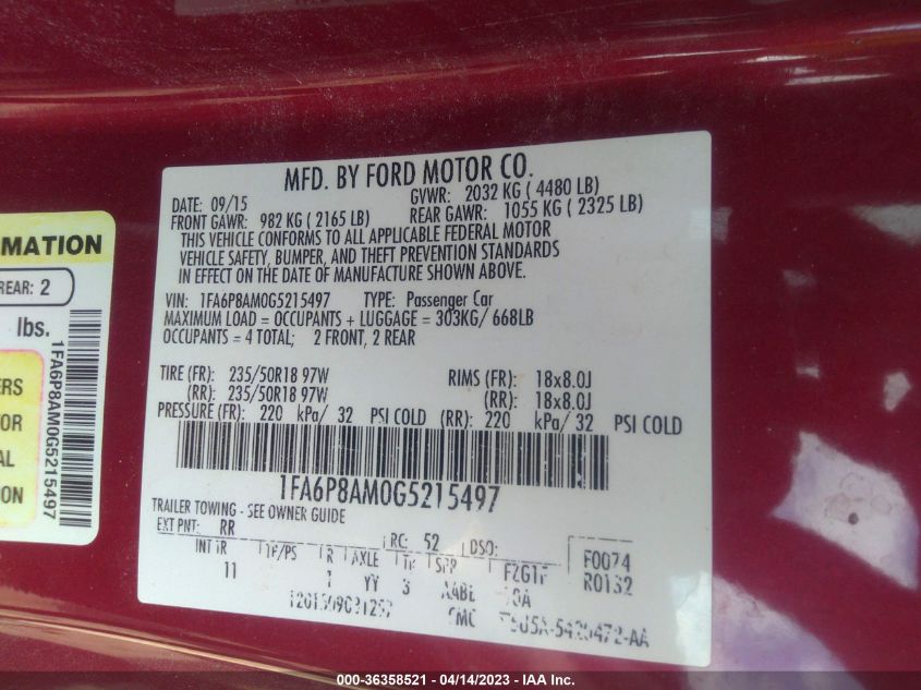 2016 FORD MUSTANG V6 - 1FA6P8AM0G5215497
