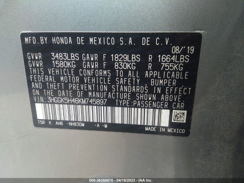 2019 HONDA FIT LX - 3HGGK5H46KM745897