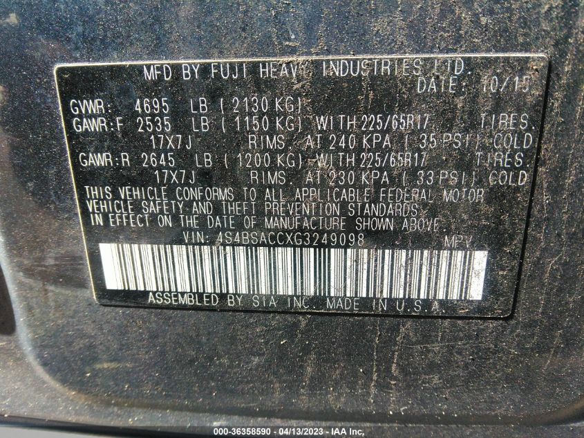 2016 SUBARU OUTBACK 2.5I PREMIUM - 4S4BSACCXG3249098