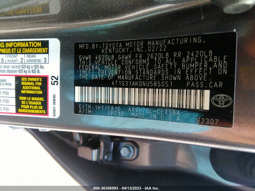2022 TOYOTA CAMRY HYBRID - 4T1S31AK0NU585051