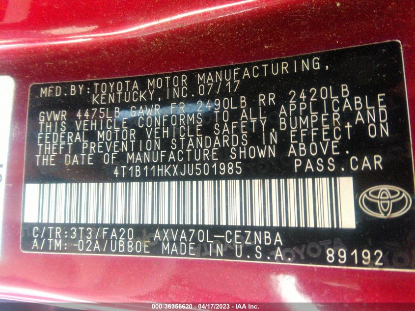 2018 TOYOTA CAMRY LE/SE/XLE/L - 4T1B11HKXJU501985
