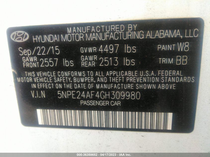 2016 HYUNDAI SONATA 2.4L SE - 5NPE24AF4GH309980