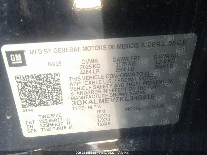 2019 GMC TERRAIN SLE - 3GKALMEV7KL349416