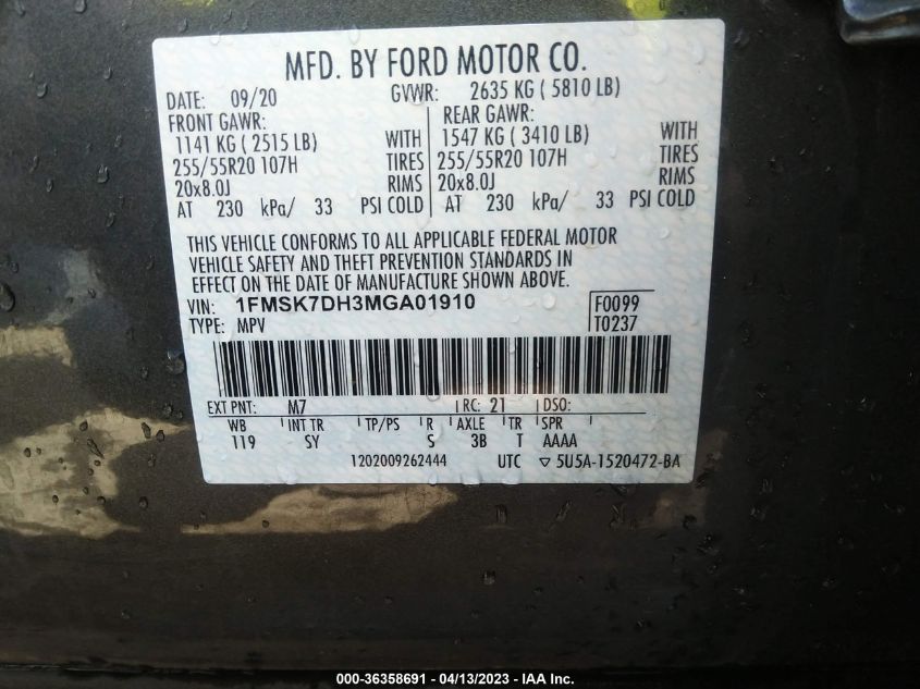 2021 FORD EXPLORER XLT - 1FMSK7DH3MGA01910