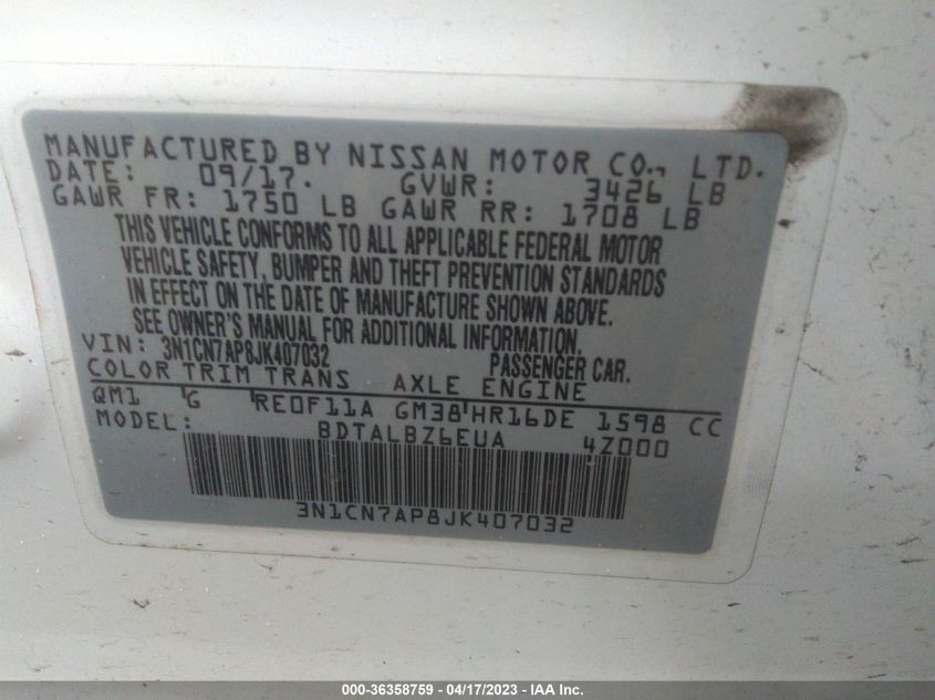 2018 NISSAN VERSA SEDAN SV - 3N1CN7AP8JK407032