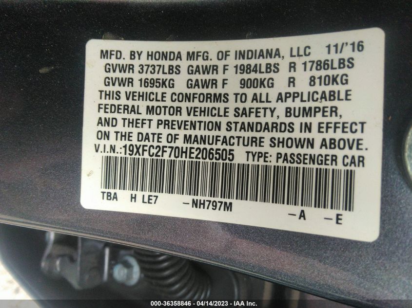 2017 HONDA CIVIC SEDAN EX - 19XFC2F70HE206505