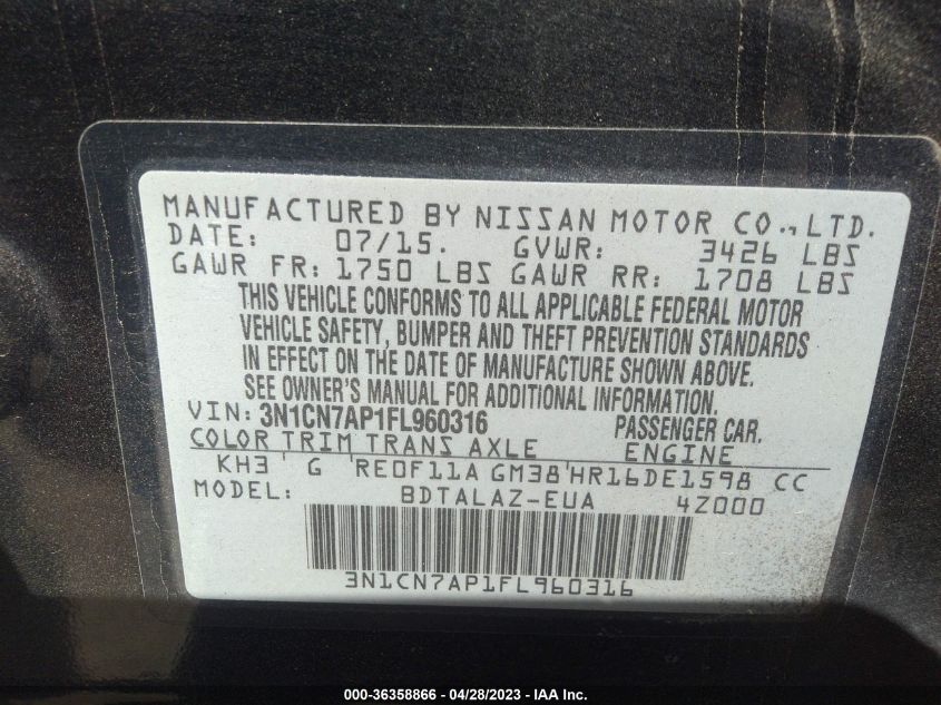2015 NISSAN VERSA S PLUS - 3N1CN7AP1FL960316