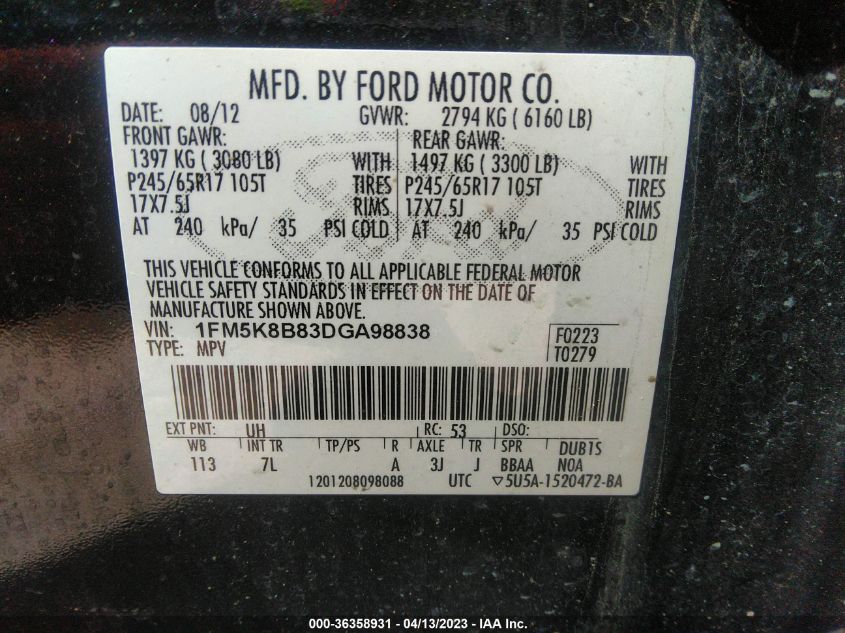 2013 FORD EXPLORER BASE - 1FM5K8B83DGA98838