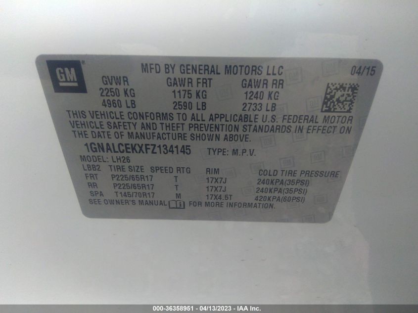 2015 CHEVROLET EQUINOX LT - 1GNALCEKXFZ134145