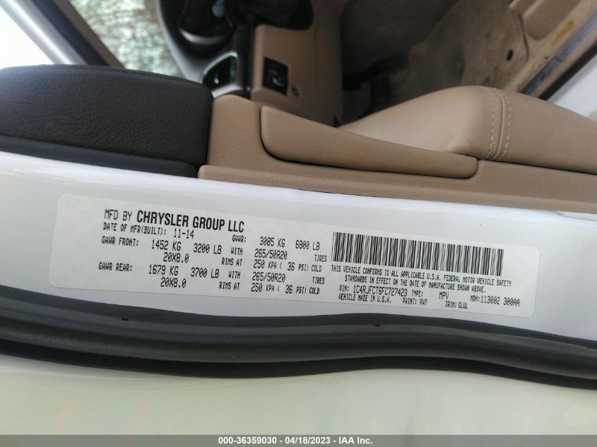 2015 JEEP GRAND CHEROKEE OVERLAND - 1C4RJFCT6FC727423