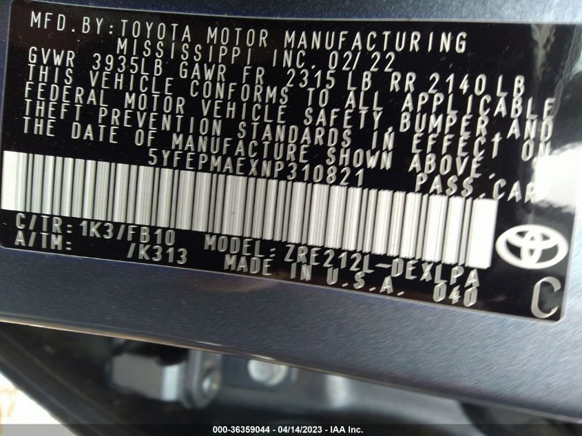 2022 TOYOTA COROLLA LE - 5YFEPMAEXNP310821