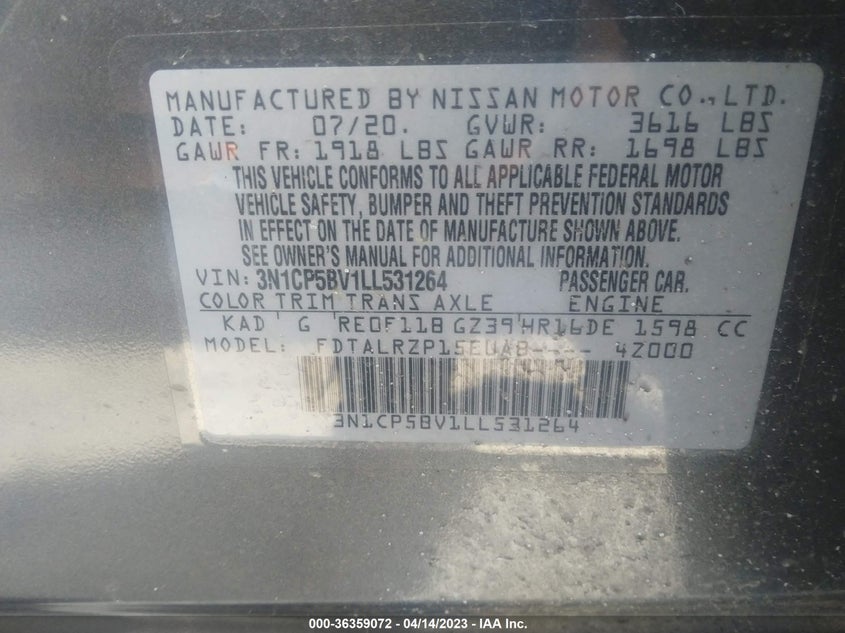VIN 3N1CP5BV1LL531264 2020 NISSAN KICKS S